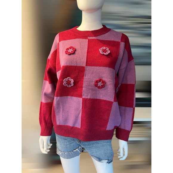 ENTRO Checker detailed crewneck sweater S M L - Picture 6 of 9